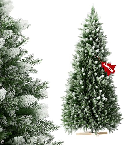 Aufun Weihnachtsbaum künstlich 180cm Künstlicher Tannenbaum PVC PE | Künstlicher Christbaum Grün mit Schnee, Schnellaufbau chwer entflammbar, inkl. Ständer (1,8m, Natur-Weiss beschneit)