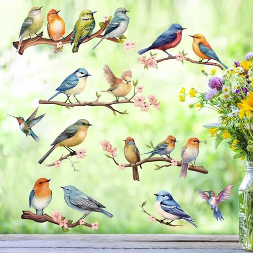 KAIRNE Aquarell Vögel Fensteraufkleber,Garten Vögel Fenstersticker,Bunt Tiere Wandtattoo für Kinderzimmer,Transparent Frühling Fensteraufkleber für Schlafzimmer Fenterdeko,Schutz vor Vogelkollisionen