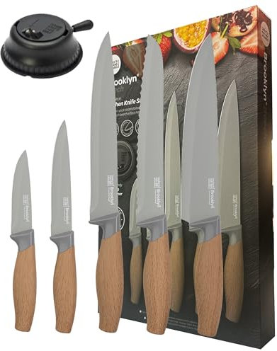 Taylors Eye Witness 5pc Beech Look Presentation Knife Set - Brooklyn Anti-Bacterial Non Stick Grey Blades. Paring, All-Purpose, Chefs, Serrated Bread & Carving Knife with Bonus Knife Sharpener