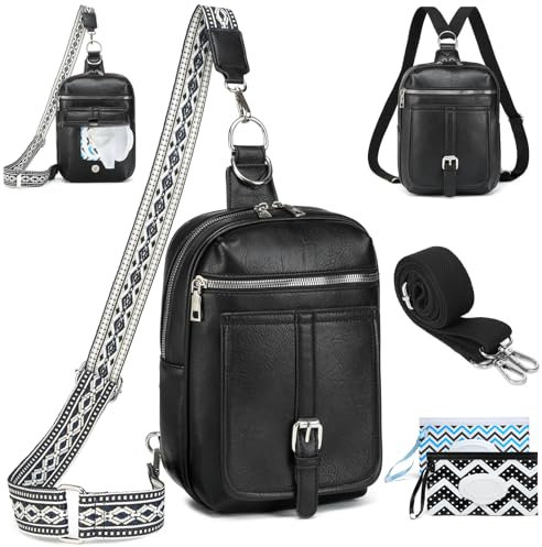 Travistar Brusttasche Damen Sling Bag Herren 2 in 1 Rucksack Damen Wickeltasche mit 2 Abnehmbare Schultergurte und Feuchttuch-Tasche, PU Leder Crossbody Bag Damen Umhängetasche Schultertasche Schwarz