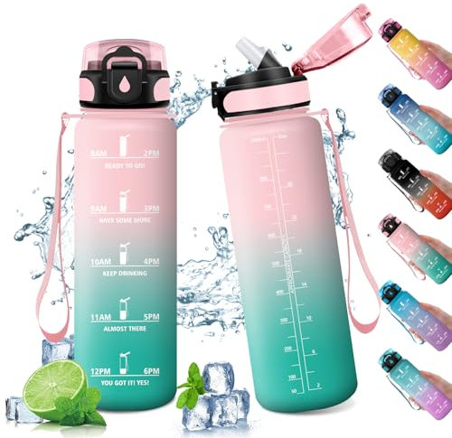 Trinkflasche Sport 1L, Trinkflaschen Kohlensäure Geeignet, Wasserflasche Sport Auslaufsicher mit Zeitmarkierung, Trinkflasche mit Strohhalm, Sportflasche für Fitness, Gym, Schule, Outdoor, Yoga