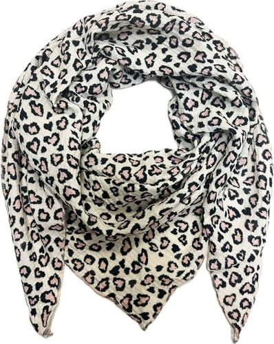 Jeamis XL Dreieck Strickschal Herz Leopard Love Frühling Schal 100% Baumwolle Made in Italy Fashion Tuch Dreieckschal Heart Stola Herbst Frühling Tuch Leo (Rosa)