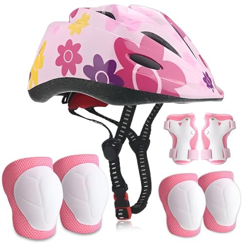 WDKXCN Casco Bicicleta Niño, 7 Piezas Casco Bici Niña Ajustable con Rodilleras Coderas y Muñequeras, Rodilleras Patines Niña, para Patinaje Sobre Ruedas Bicicletas de Equilibrio Bicicletas y Patinetas