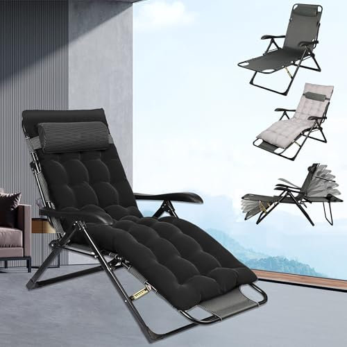 Sonnenliege Klappbar Liegestuhl Extra Groß Gartenliege, Relaxliege Outdoor mit Auflage, Relaxsessel Garten 7-fach Verstellbare Rückenlehne & Fußstütze, Liege Klappliege für Balkon Patio Pool,Schwarz