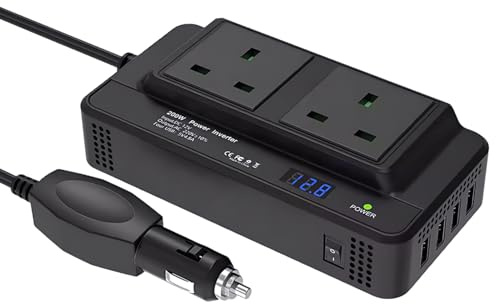 Power Inverter 12V to 220V, 200W Car Voltage Converter Inverter DC 12V to AC 220V, Fast Charging Car Charger with 2 Sockets and 4 USB Ports, Cigarette Lighter Plug for Business Trips and Vacation
