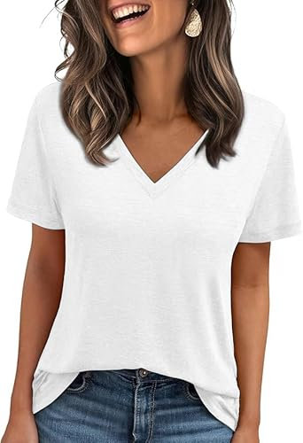 Cuptacc Camiseta básica de verano para mujer, cuello de pico, manga corta, monocolor, informal, top, Blanco, 3XL