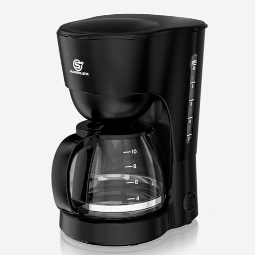 SUPERLEX Filterkaffeemaschine 1,25L 600W mit Glaskanne für bis zu 10 Tassen | Spülmaschinenfeste Kanne & Trichter, Nylonfilter, 30 Sek. Tropfstopp, Trockenlaufschutz, Auto-Off nach 40 Min, Zuhause & Büro