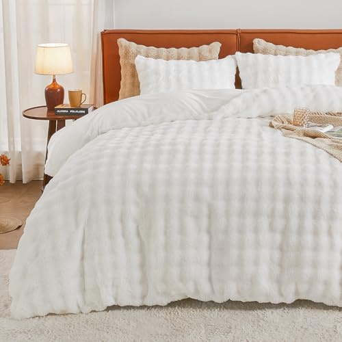 EMME Plüsch Bettwäsche Set 200x200,Weiß | Winterbettwäsche aus Kaninchenfell-Imitat Warme Bettbezug mit Reißverschluss und 2 Kissenbezug 80x80cm ideal für kalte Nächte