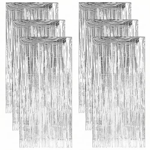 QWORK® 6 Stück Glitzervorhang Lametta Silber - 1x2m - Wiederverwendbare Partydekoration