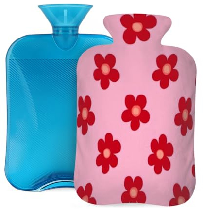 Mexpekil Red Flower Print Hot Water Bottle with Cover, 2L PVC Hot Water Bag for Pain Relief, Feet, Back, Warmth