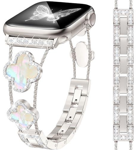 MOINSPIRE Goldenes Funkelndes Kleeblatt-Armband mit Diamanten für Damen - Kompatibel mit Apple Watch 40mm, 38mm, 41mm, 42mm (S10/11) - Metall-Armreif für iWatch Series 11/10/9/8/7/6/5/4/SE 3/2/1