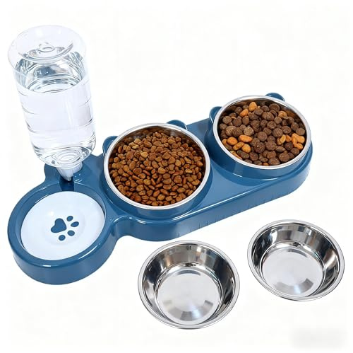 Itingy Raised 15° Tilted Cat Bowls Set, 5-in-1 Stainless Steel Feeding Station with Water Dispenser, Whisker Relief Pet Bowls with 4 Replacement Bowls for Cats, Kittens and Small Dogs, Blue