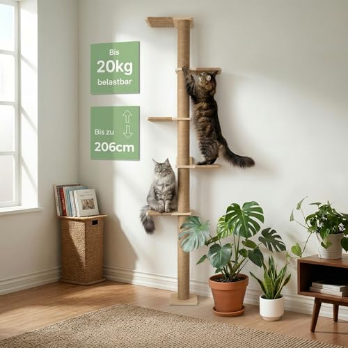 WOOWOOD Wandkratzbaum Deckenhoch 206 cm, Kratzsäule Schmal, Deckenspanner | 206 cm hoch, sehr stabil, natürliches Sisalseil, extra breite Stufen, für große Katzen, leises Klettern, kleine Stellfläche