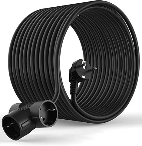 MutecPower Prolongateur Schuko de 20 mètres Rallonge schuko avec 3 Prises Schuko coudée à 90° - jusqu'à 250V 50Hz 16A IP20 – Longueur 20m Noir