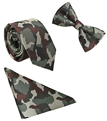 WANYING Herren 6 * 12cm Fliege & 6cm Schmale Krawatte & 22 * 22 cm Einstecktuch 3 in 1 Sets Streetwear - Grün Camouflage