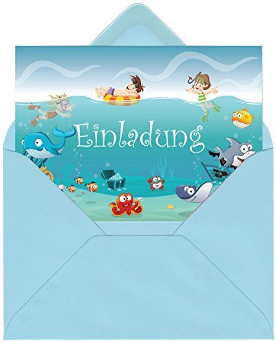 Einladungskarten im Set zum Kindergeburtstag mit Motiv Ozean, Unterwasserwelt, Schwimmbad, Freibad, Poolparty. Einladungen für Jungen und Mädchen (12 Einladungen mit Umschlägen)