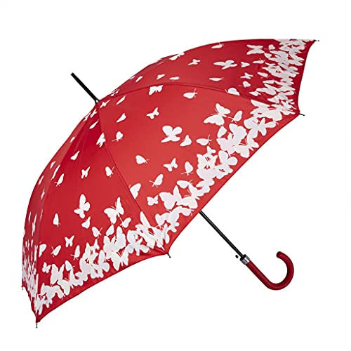Biggbrella So003 Regenschirm, 8 Rippen, Windsicher, Groß, Leicht, Automatik, Starker Stockschirm für Damen und Herren, Rot, Schmetterlinge Muster, 104cm