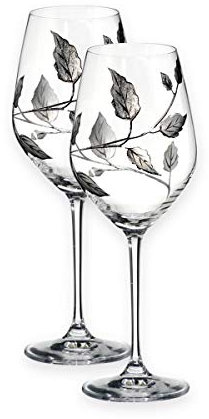 Quality SILVER LEAF Tendril Design Red/White Wine Glass Pair - Mouth Blown/Hand Decorated Glass - Ideal Silver Anniversary 25th Wedding Gift - 23.5cm