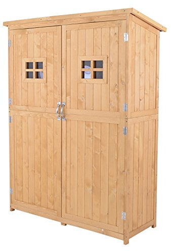 Outsunny Cobertizo de Madera Caseta de Jardín Exterior Armario Herramientas de Jardinería con Estantes Doble Puerta Ventanas y Techo Asfáltico 127,5x50x164 cm Natural