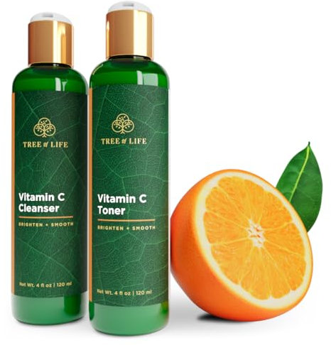Tree of Life Beauty Vitamin C Brightening Duo, Facial Toner for Minimizing Pores & Facial Cleanser for Gentle Deep Cleaning with Organic Aloe, Clean Dermatologist-Tested Skin Care, 2 X 4 Fl Oz