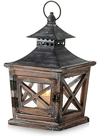 Nuptio Lanterna di Natale in Legno per Candele: Lanterne per Candele Invecchiate Portacandele per Interni, Metallo e Vetro per Halloween Soggiorno Camino Centrotavola Ornamenti, Altezza 27cm