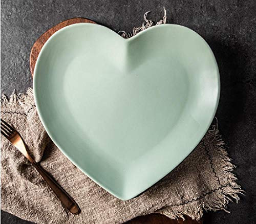 2 piezas de plato llano en forma de corazón de estilo nórdico, plato plano de cerámica, plato corazón melocotón, plato irregular-Verde menta mate_Los 27 * 26 * 3cm