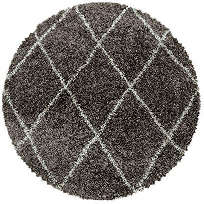 Carpetsale24 Hochflor Runder Teppich Taupe 160 cm Rund Rauten Design Flauschig- Langflor Wohnzimmerteppich Skandinavischer Stil Shaggy Teppich
