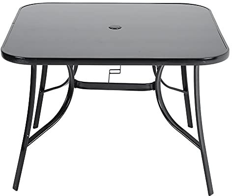 The Fellie Garden Table Outdoor Dining Table Tempered Glass Top Coffee Table Patio Table with Parasol Hole (Square-105 x 105 x 72cm)