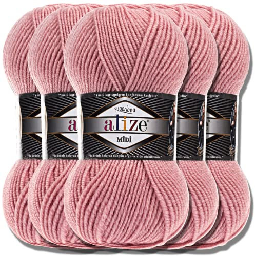 Alize 5 x 100g Superlana Midi Türkische Premium Wolle Baumwolle und Acryl Uni Handstrickgarne | Yarn | Garn | Strickgarn Einfarbig Baby zum Häkeln Stricken Kleidung Schals (Powder | 161)