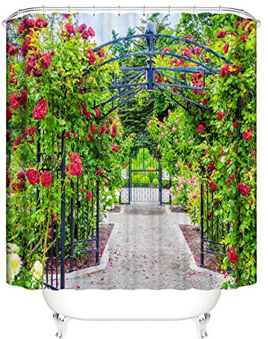 OCEUMACO 3D Shower Curtain Rose Garden Scene Shower Curtains Bathroom Wet Room Outdoor View Bath Curtain Mould Proof Resistant Washable 180 x 180 cm Waterproof Polyester Fabric - Green