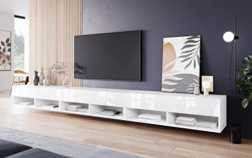 Lowboard A, Mobile TV 300 cm, illuminazione a LED inclusa, mobile TV grande, disponibile in vari colori (bianco lucido)