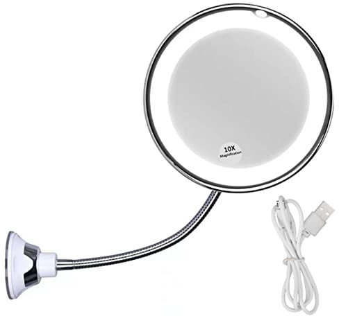 Agatige Specchio illuminato per il trucco con ingrandimento 10x, braccio girevole a 360 gradi, specchio LED a luminosità regolabile con ventosa per casa, bagno, ufficio e viaggi
