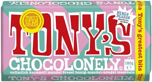 TONY'S CHOCOLONELY - Greatest Bits 180 g - Fairtrade Vollmilchschokolade mit Karamell, Mandeln, Brezel, Honig-Mandel-Nougat & Meersalz. Ohne Palmöl, hergestellt in Belgien