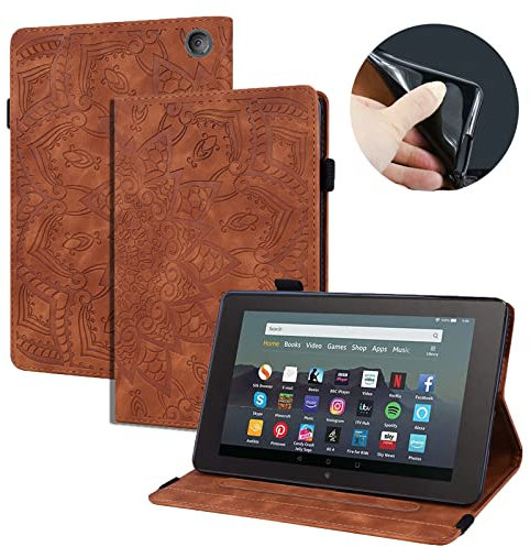 Miimall Leder Hülle Kompatibel mit Kindle Fire 7 Tablet 12th Generation 2022 PU Mit Standfunktion Kartenfach geprägtes Ledertasche Schutzhülle Flip Cover für Amazon Fire 7 2022 Braun