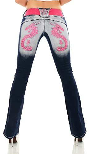 Damen Bootcut Jeans Hose Schlaghose Drache Dragon Schmetterling Strauß Stickerei Tattoo Gürtel XS-XXL