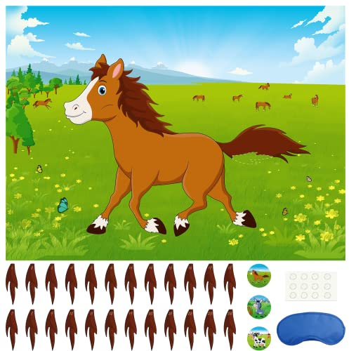 Morcheiong Pin The Tail on The Horse Geburtstagsspiel mit 48 Schwänzen für Kinder auf dem Bauernhof, Geburtstagsparty-Zubehör, Dekorationen, Gefälligkeiten