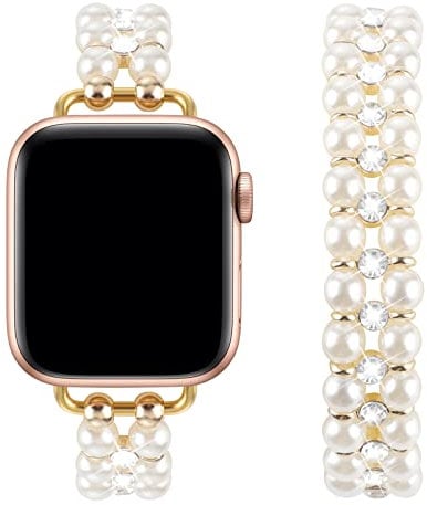 Elastic Pearl Beaded Band Compatible with Apple Watch 38mm 40mm 41mm, Woman Sparkling Bling Diamond Chain Solo Loop Stretch Bracelet Strap Replacement for iWatch Series 8 7 6 5 4 3 2 SE (384041mm