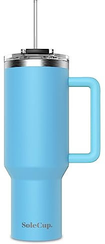 SoleCup. 40oz Travel Mug with Handle, Lid and Two Straws, Drinks Stay Hot for 8 Hours, Cold for 24 Hours, Double Wall Vacuum Insulated Stainless Steel Tumbler… (Blue, 40oz)