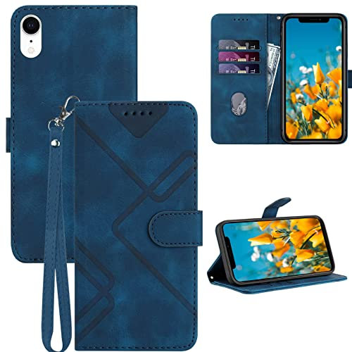 GOTOURED for iPhone XR Phone Case Wallet, Card Holder Leather, Wrist Strap, Magnetic Closure, Kickstand, Shockproof Protective Pattern Flip Cover (Blue)