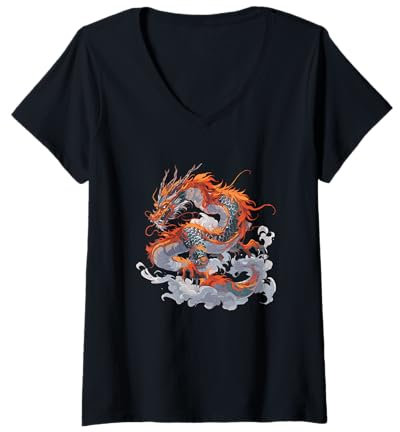 Femme Dragon chinois pour le Nouvel An 2024 Dragon T-Shirt avec Col en V