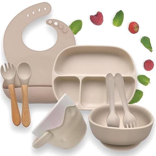Teeny Weany® Weaning Set | Silicone Baby Feeding Set | Suction Baby Plate, Bowl & Bib with Collapsible Snack Pot | Toddler Cutlery & Weaning Spoons 6+ Months | BPA-Free, Portable Baby Essentials Beige