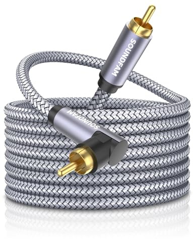 SOUNDFAM 90 Degree Subwoofer Cable 20ft/6M,Right Angle RCA Cable Male to Male for Subwoofer,Amplifier-Grey