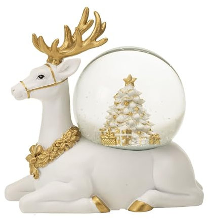 NOEL by Lamart Spieluhr Schneekugel mit Musik 18 cm Rentier Weiß Gold Polyresin