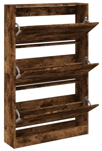 vidaXL Smoked Oak Shoe Cabinet for Entryway/Hallway - Engineered Wood, 3 Flip Drawers, Slim Space-saving Design, 80x21x125.5 cm
