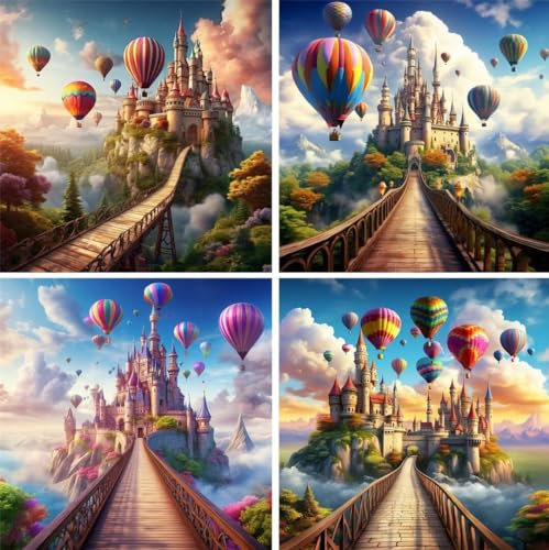Diamond Painting Schloss, 4 Pack Diamant Painting Bilder Ballon Diamond Art Painting Erwachsene, Runden Full Drill 5D DIY Diamond Painting 4er Set, Zimmer Deko Wohnzimmer Geschenk Mädchen 88x88 CM