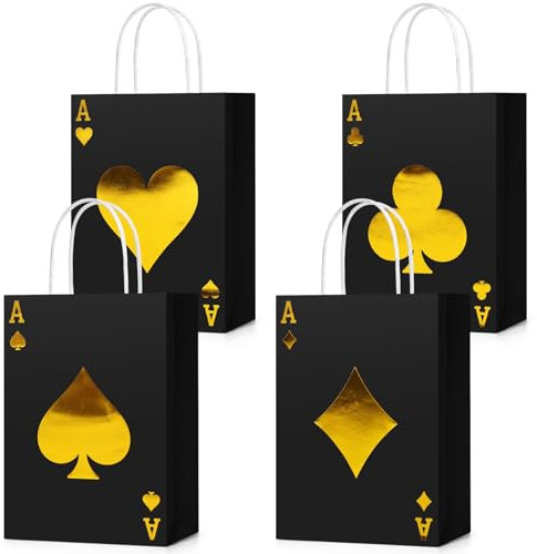 Trandraft 16 Stück Casino-Geschenktüten mit Griffen, Casino-Themen-Zubehör, 21,6 x 15,9 x 8,1 cm, Poker-Geschenktüten für Geburtstagsparty-Dekoration (Gold-Stil)