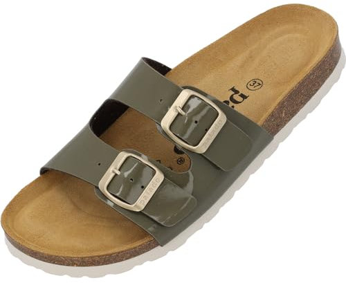 Palado Pantoletten Damen Milos Lack – elegante Sandalen Made in Spain - bequeme Hausschuhe mit Kork-Fußbett - modische Sommerschuhe Khaki UK4,5 - EU37