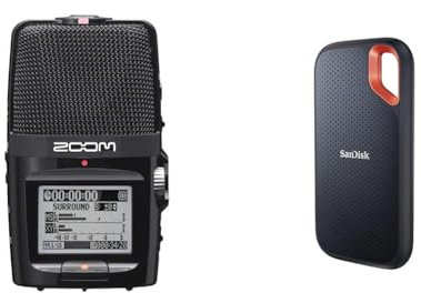 Zoom H2N Handy Recorder & SanDisk Extreme Portable SSD 1 TB (tragbare NVMe SSD, USB-C, bis zu 1.050 MB/s Lesegeschwindigkeit und 1.000 MB/s Schreibgeschwindigkeit, Wasser- und staubbeständig) Schwarz