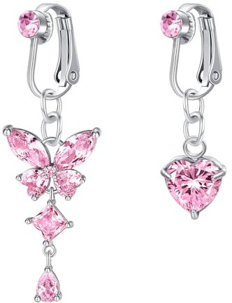 VFUN 2-3pcs Faux Piercing Nombril,Papillons Faux Piercing Nombril Clip,Diamant Pendentif Percing Au Nombril Acier Chirurgical Avec Cœur
