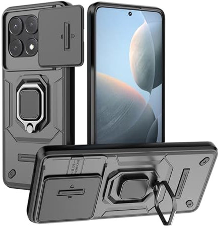BORYA Case for Xiaomi Poco X6 Pro 5G, Shockproof Soft Premium Silicone PC+TPU Military Grade Anti-Drop Cover, with Slide Camera Cover, Ring Metal Magnetic Kickstand. Black